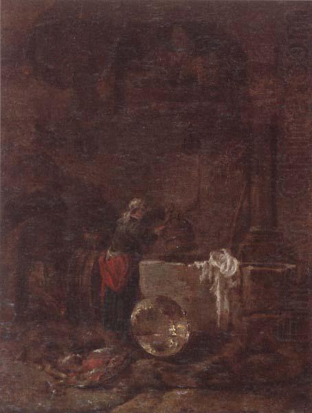A woman drawing water from a well under an arcade, Willem Kalf